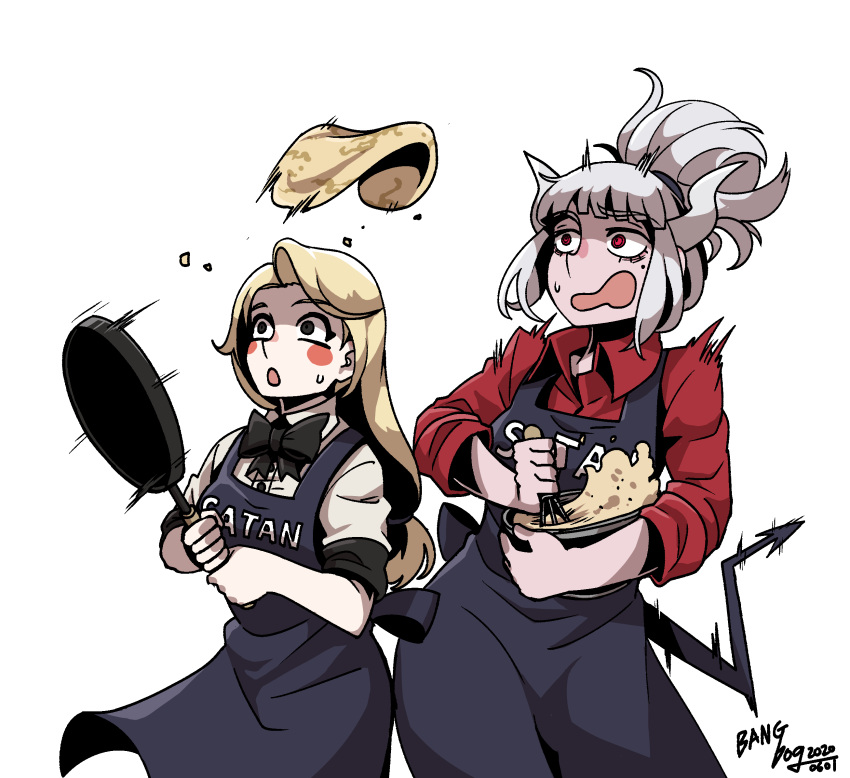 2girls apron bangdog batter black_neckwear blonde_hair blush_stickers bow bowtie charlie_magne colored_pencil_(medium) commentary cooking crossover demon_girl demon_horns demon_tail english_commentary english_text flipping_food food frying_pan grey_hair hazbin_hotel helltaker highres horns lucifer_(helltaker) mixing_bowl mole mole_under_eye motion_lines multiple_girls pale_skin pancake red_shirt shirt simple_background sweat tail traditional_media trait_connection whisk white_background white_hair white_shirt