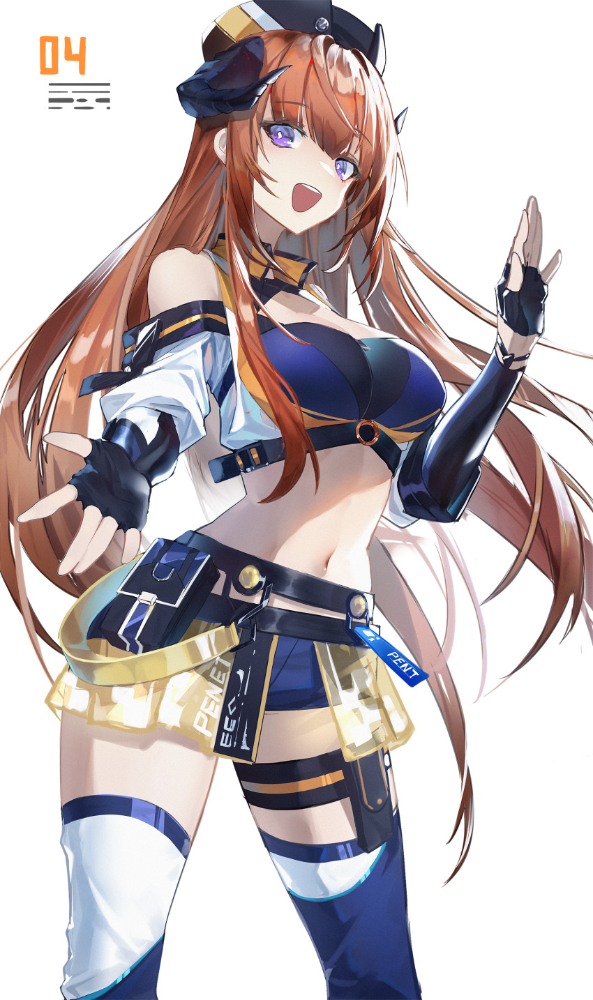 1girl :d absurdres arknights bagpipe_(arknights) bagpipe_(whistlewind)_(arknights) bangs bare_shoulders black_gloves blue_shorts breasts clothing_cutout cowboy_shot crop_top eyebrows_visible_through_hair fingerless_gloves gloves hat highres horns lm520lm520 long_hair long_sleeves looking_at_viewer medium_breasts micro_shorts midriff navel official_alternate_costume open_mouth orange_hair pouch revision shorts shoulder_cutout smile solo standing stomach thigh-highs thighs very_long_hair violet_eyes