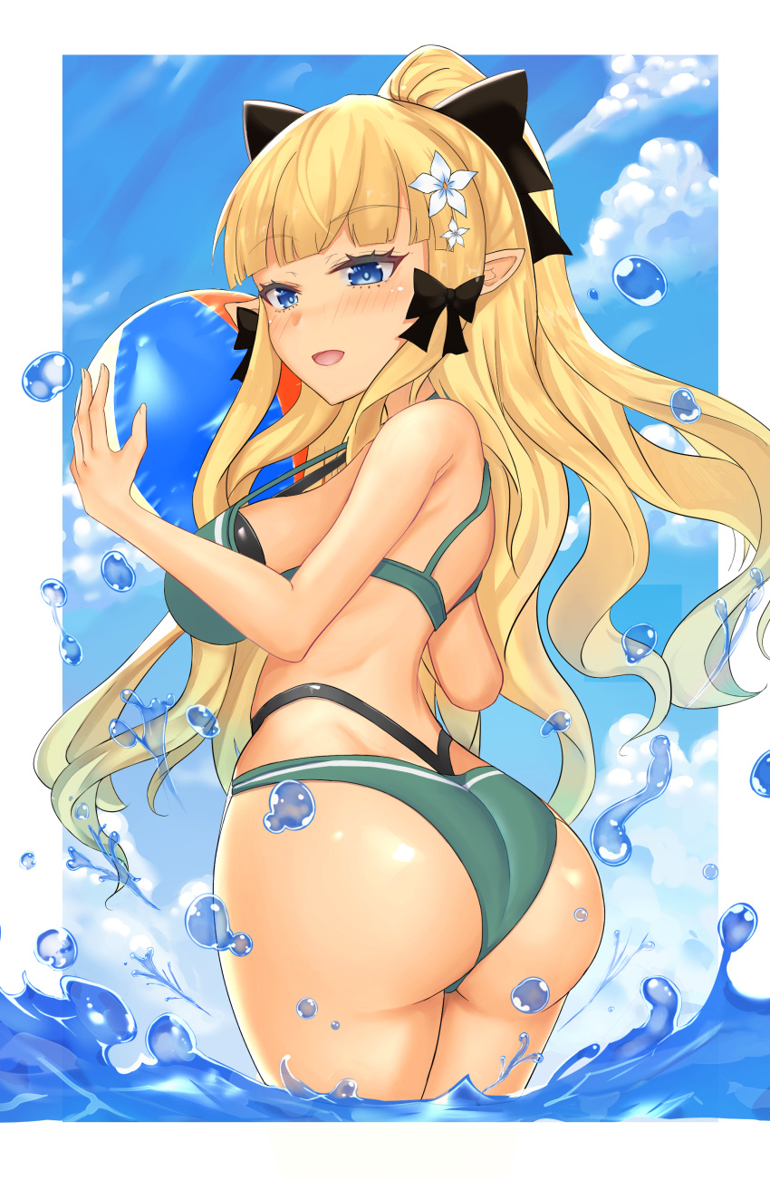 1girl absurdres bangs bikini black_bow blonde_hair blue_eyes blush bow breasts dogmomiji elf eyebrows_visible_through_hair flower hair_bow hair_flower hair_ornament highres large_breasts long_hair looking_at_viewer navel open_mouth pointy_ears ponytail princess_connect! princess_connect!_re:dive saren_(princess_connect!) smile solo swimsuit
