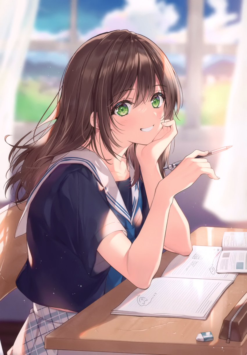 1girl absurdres bangs blue_sky brown_hair clouds cloudy_sky curtains day desk eyebrows_visible_through_hair fingernails green_eyes hand_on_own_chin highres holding looking_at_viewer necomi original outdoors parted_lips pencil sailor_collar scan school_desk school_uniform serafuku short_sleeves simple_background sitting sky smile solo window