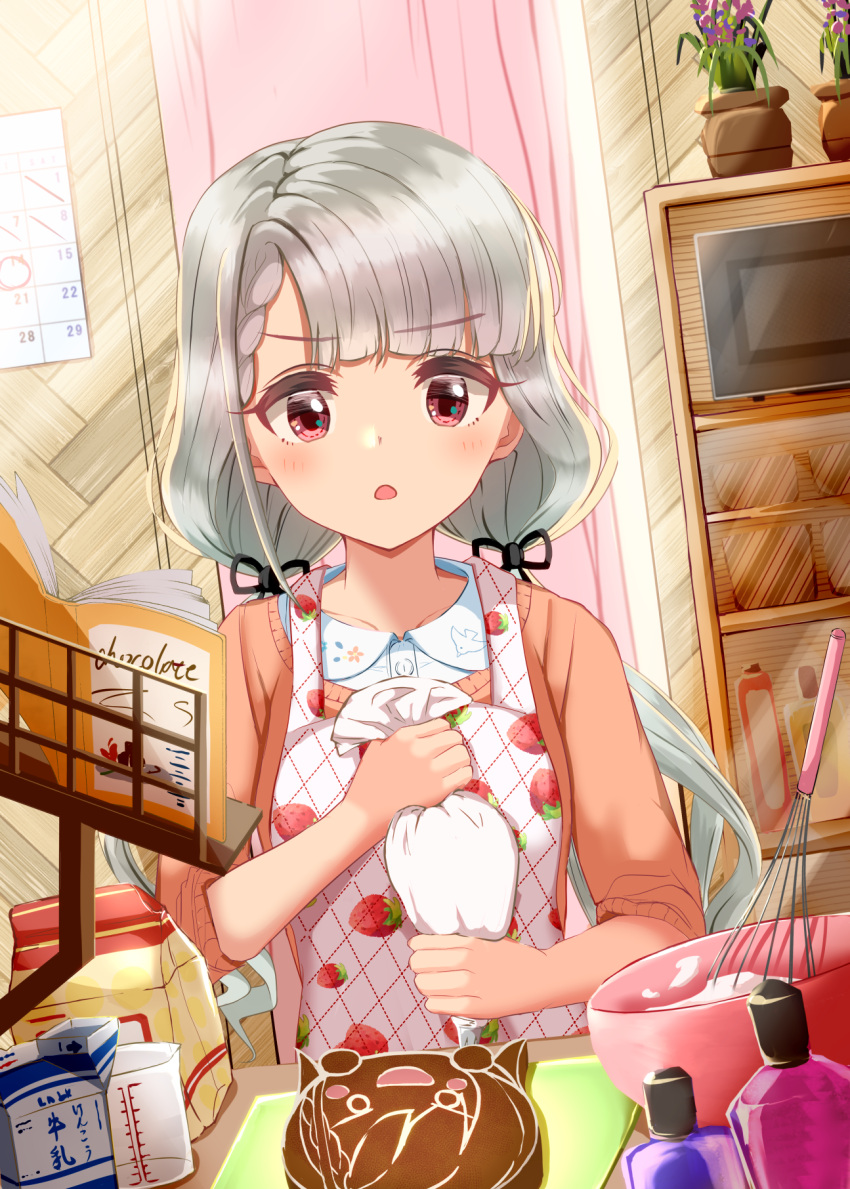 1girl apron baking bangs blush braid cake chocolate eyebrows_visible_through_hair food fruit hair_ribbon highres hisakawa_nagi idolmaster idolmaster_cinderella_girls idolmaster_cinderella_girls_starlight_stage indoors kitchen long_hair long_sleeves looking_down open_mouth pink_sweater red_eyes ribbon silver_hair single_braid solo strawberry sweater tudon_(donut) twintails upper_body valentine