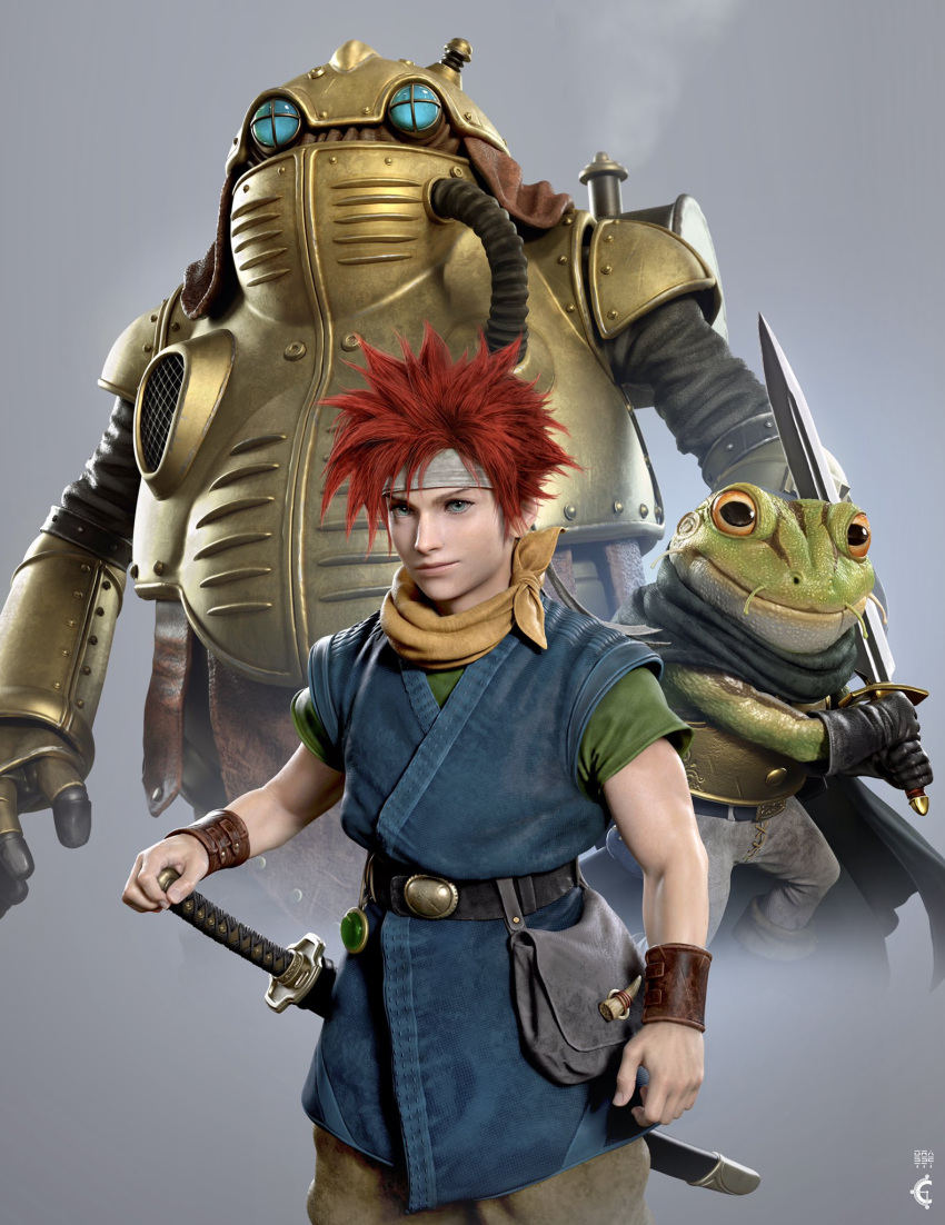 2boys 3d blue_eyes chrono chrono_trigger frog frog_(chrono_trigger) grey_background headband highres holding holding_sword holding_weapon looking_at_viewer looking_up mecha multiple_boys open_hand orange_eyes raf_grassetti realistic redhead robo_(chrono_trigger) robot sheath sheathed sword v-shaped_eyebrows weapon white_headband