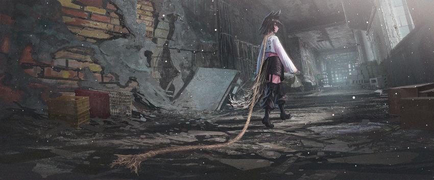 1girl animal_ears black_hair boots brick_wall cage check_commentary commentary_request dog_ears dog_tail highres long_sleeves looking_back miyoshi_nao_(miyoshist) original rope scenery short_hair solo tail walking walking_away