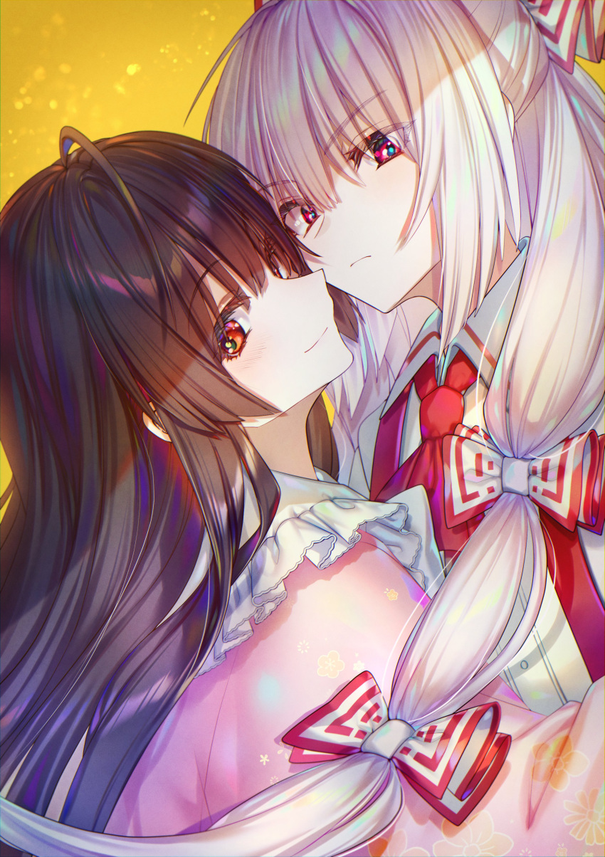 2girls absurdres antenna_hair ascot bangs black_hair blush bow brown_eyes buttons closed_mouth collar collared_shirt commentary_request eyebrows_visible_through_hair eyelashes eyes_visible_through_hair face-to-face floral_print frilled_collar frills fujiwara_no_mokou gathers hair_bow hair_over_eyes hair_over_shoulder here_(hr_rz_ggg) highres hime_cut houraisan_kaguya long_hair long_sleeves looking_at_viewer multiple_girls ofuda orange_eyes pink_shirt red_bow red_eyes red_neckwear serious shirt sidelocks silver_hair smile suspenders touhou tsurime two-tone_bow upper_body v-shaped_eyebrows white_bow white_hair white_shirt wing_collar yellow_background
