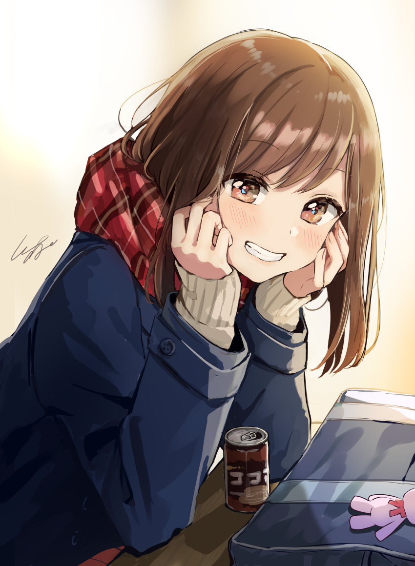 1girl absurdres bag blue_jacket blush brown_eyes brown_hair can canned_coffee commentary_request enpera head_rest highres jacket long_hair long_sleeves looking_at_viewer original plaid plaid_scarf pomu red_scarf scarf school_bag signature sleeves_past_wrists solo