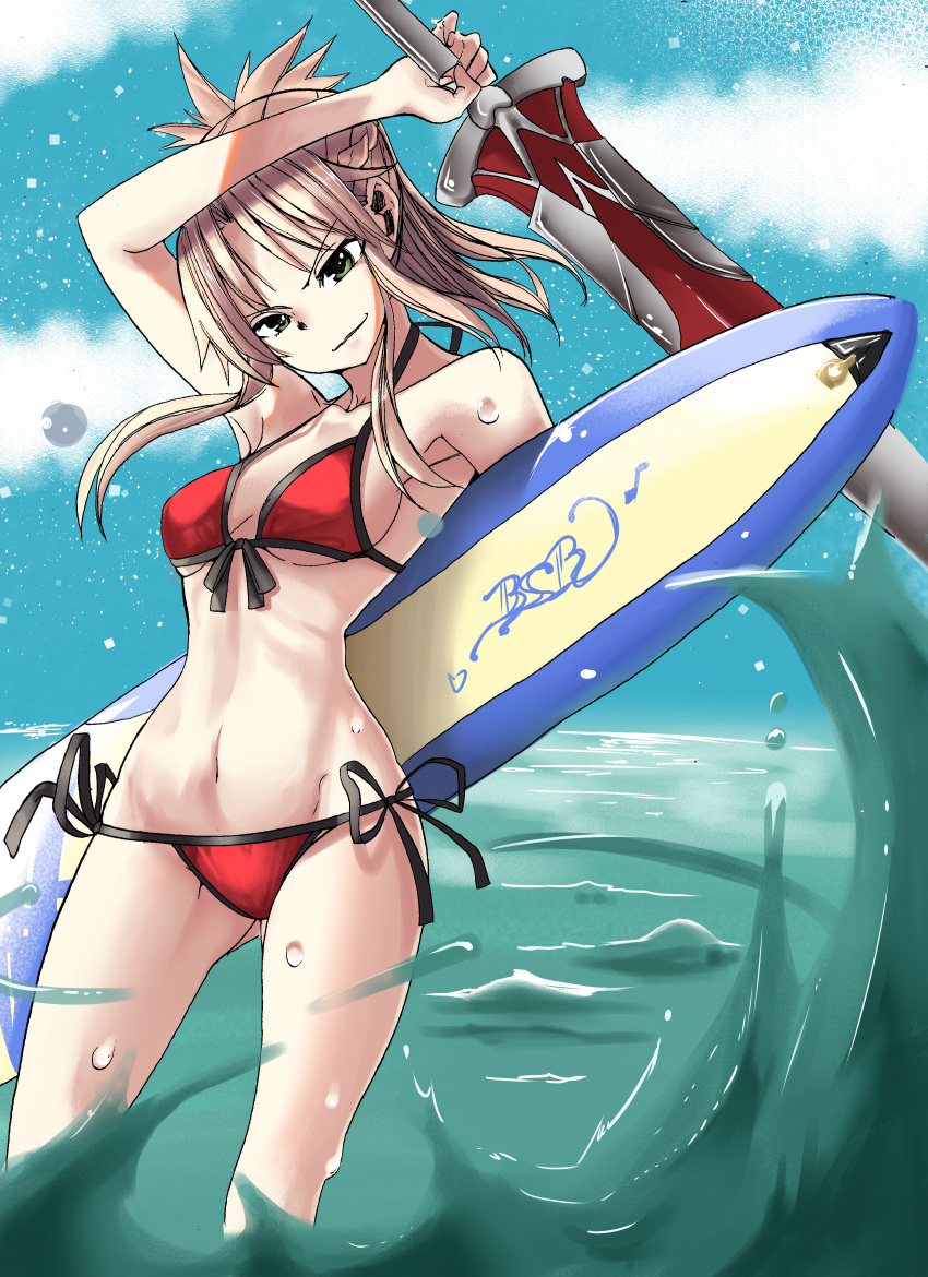 1girl absurdres ass_visible_through_thighs bikini blonde_hair blue_sky braid breasts clarent clouds fate/grand_order fate_(series) french_braid green_eyes groin hair_ornament hair_scrunchie highres horizon looking_at_viewer medium_breasts mordred_(fate) mordred_(fate)_(all) mordred_(swimsuit_rider)_(fate) navel ocean ponytail red_bikini red_scrunchie scrunchie side-tie_bikini sky smile smirk solo strap_gap surfboard sweet_reverie swimsuit wading water