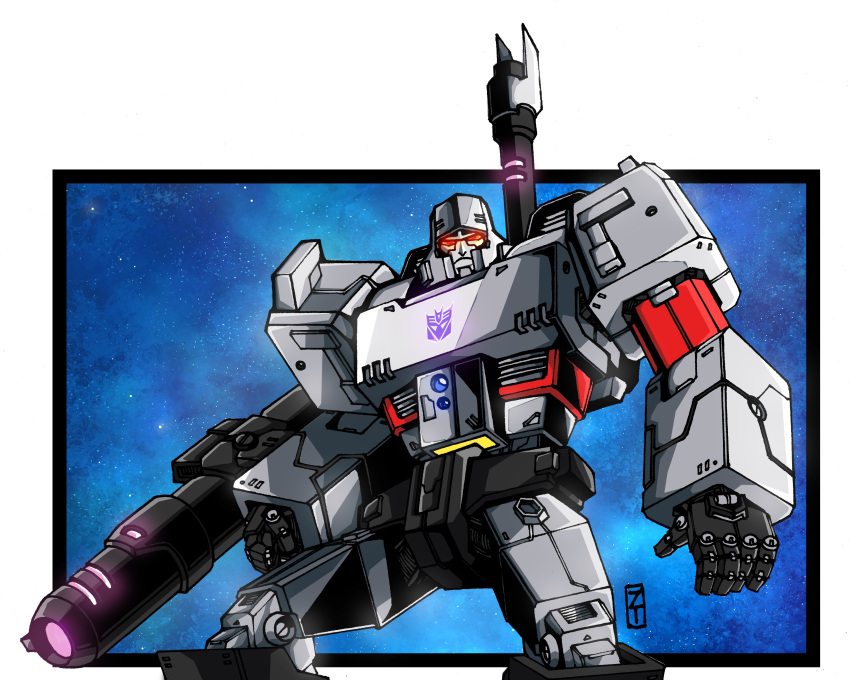 absurdres arm_cannon border clenched_hand cropped_legs decepticon english_commentary highres insignia lextodrawstuff looking_at_viewer mecha megatron megatron_(idw) no_humans open_hand red_eyes solo the_transformers_(idw) transformers weapon