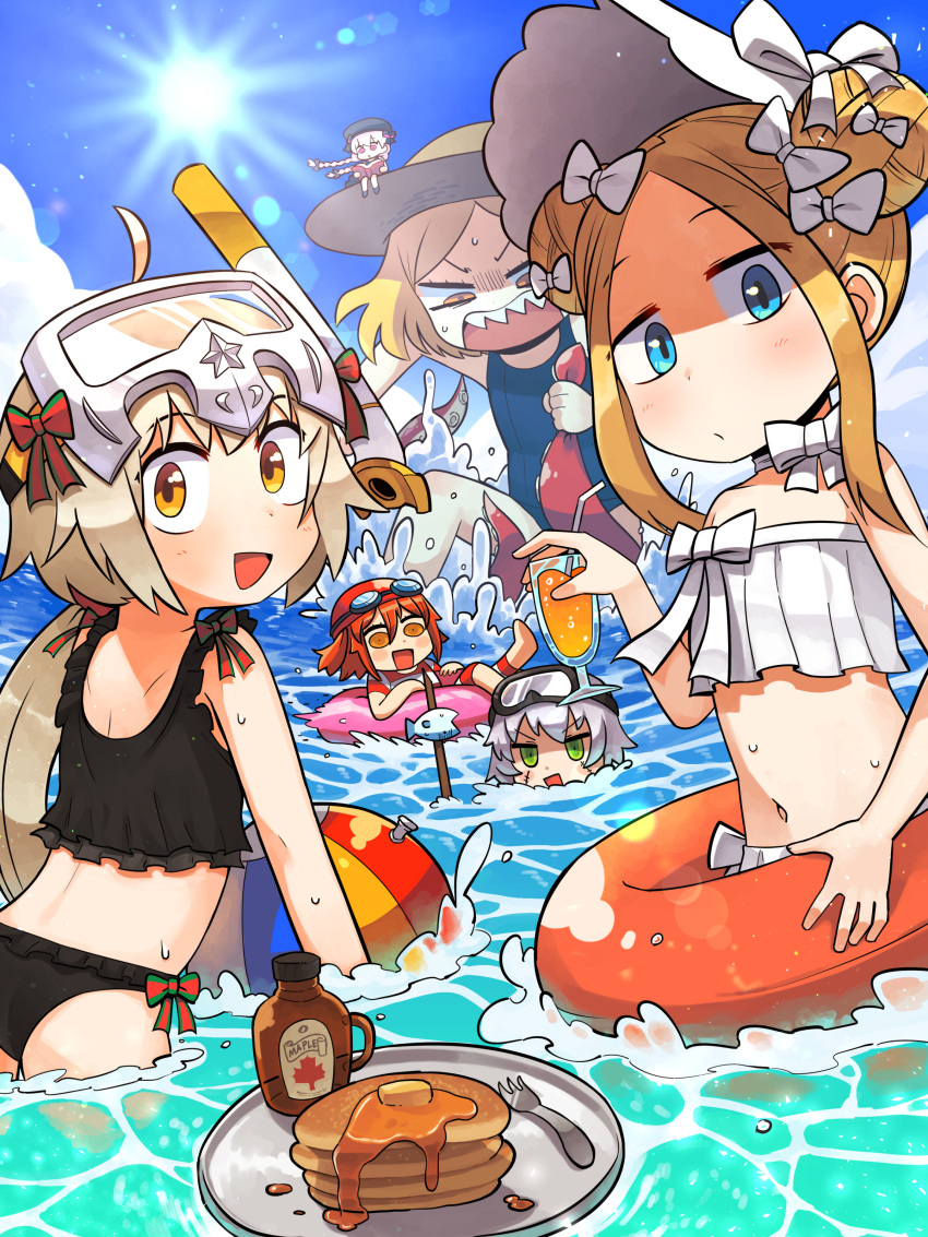 6+girls :d abigail_williams_(swimsuit_foreigner)_(fate) absurdres ahoge ball bangs beachball bendy_straw beret bikini black_bikini black_bow black_headwear blonde_hair blue_eyes blue_sky blue_swimsuit bonnet book bow bow_choker braid brown_headwear butter choker clouds commentary_request cup day double_bun drink drinking_glass drinking_straw eyebrows_visible_through_hair fate/grand_order fate_(series) fish flat_chest floating_hair food fork fujimaru_ritsuka_(female) giantess goggles goggles_on_head green_eyes hair_between_eyes hair_bow hat highres holding holding_book holding_cup innertube jack_the_ripper_(fate/apocrypha) jeanne_d'arc_(fate)_(all) jeanne_d'arc_alter_santa_lily korean_commentary lakilolom lens_flare long_hair looking_at_viewer looking_down low_ponytail multiple_girls navel nursery_rhyme_(fate/extra) ocean one-piece_swimsuit open_book open_mouth orange_eyes orange_hair outdoors pancake parted_bangs paul_bunyan_(fate/grand_order) pink_eyes pink_innertube red_bow red_headwear red_innertube saucer scar scar_on_cheek scar_on_face sharp_teeth short_hair silver_hair sitting sky smile snorkel stack_of_pancakes stitches striped striped_swimsuit suction_cups sun swim_cap swimsuit syrup teeth tentacles twin_braids wading water wet white_bikini white_bow white_choker white_hair