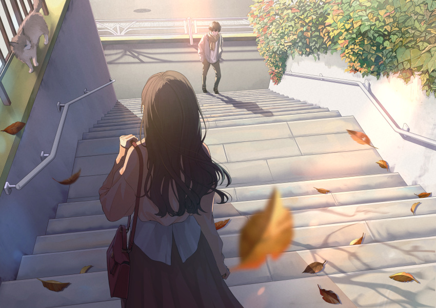 1boy 1girl absurdres autumn autumn_leaves bag black_hair brown_scarf cat commentary_request day facing_away falling_leaves from_behind highres holding holding_bag leaf long_hair long_skirt long_sleeves looking_at_another macaronk original outdoors pants scarf shirt short_hair shoulder_bag skirt stairs white_shirt