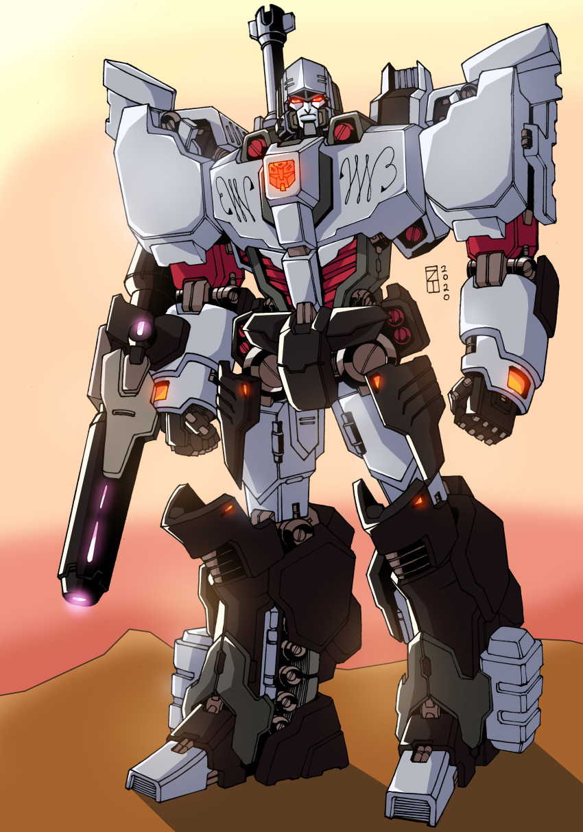 absurdres arm_cannon autobot clenched_hands english_commentary glowing glowing_eyes highres lextodrawstuff looking_at_viewer mecha megatron megatron_(idw) no_humans red_eyes solo standing the_transformers_(idw) transformers weapon
