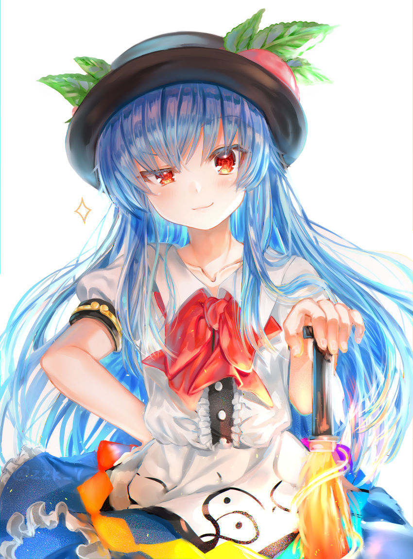 1girl absurdres artist_name bangs black_headwear blue_hair blue_skirt blush bow bowtie center_frills closed_mouth collarbone commentary_request flat_chest food frills fruit hand_on_hip hat highres hinanawi_tenshi huge_filesize leaf long_hair looking_at_viewer peach puffy_short_sleeves puffy_sleeves red_bow red_eyes red_neckwear shiny shiny_hair shirt short_sleeves sidelocks simple_background skirt smirk solo sparkle standing sword_of_hisou touhou upper_body very_long_hair white_background white_shirt zuzuhashi