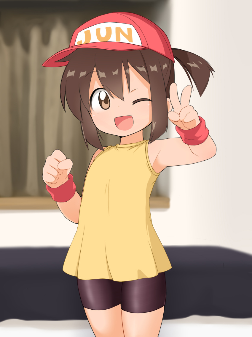1girl absurdres armpits arms_up bakusou_kyoudai_let's_&amp;_go!! bed bedroom bike_shorts black_shorts brown_eyes brown_hair commentary_request curtains highres indoors one_eye_closed open_mouth ponytail sagami_jun shirt short_hair shorts sleeveless sleeveless_shirt smile solo uno_(mon_chat_noir) v wristband yellow_shirt