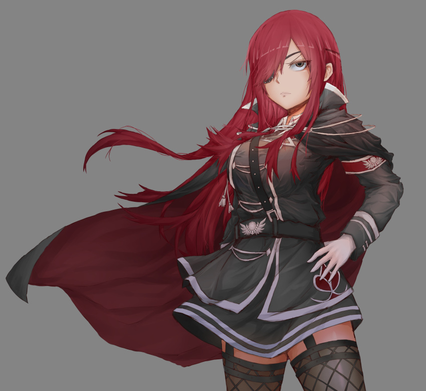 1girl absurdres breasts cape commission erza_scarlet eyepatch fairy_tail fishnet_legwear fishnets frown green_eyes grey_background hair_over_one_eye hands_on_hips highres ichinoshi large_breasts long_hair military military_uniform red_cape red_eyes redhead solo thigh-highs uniform zettai_ryouiki