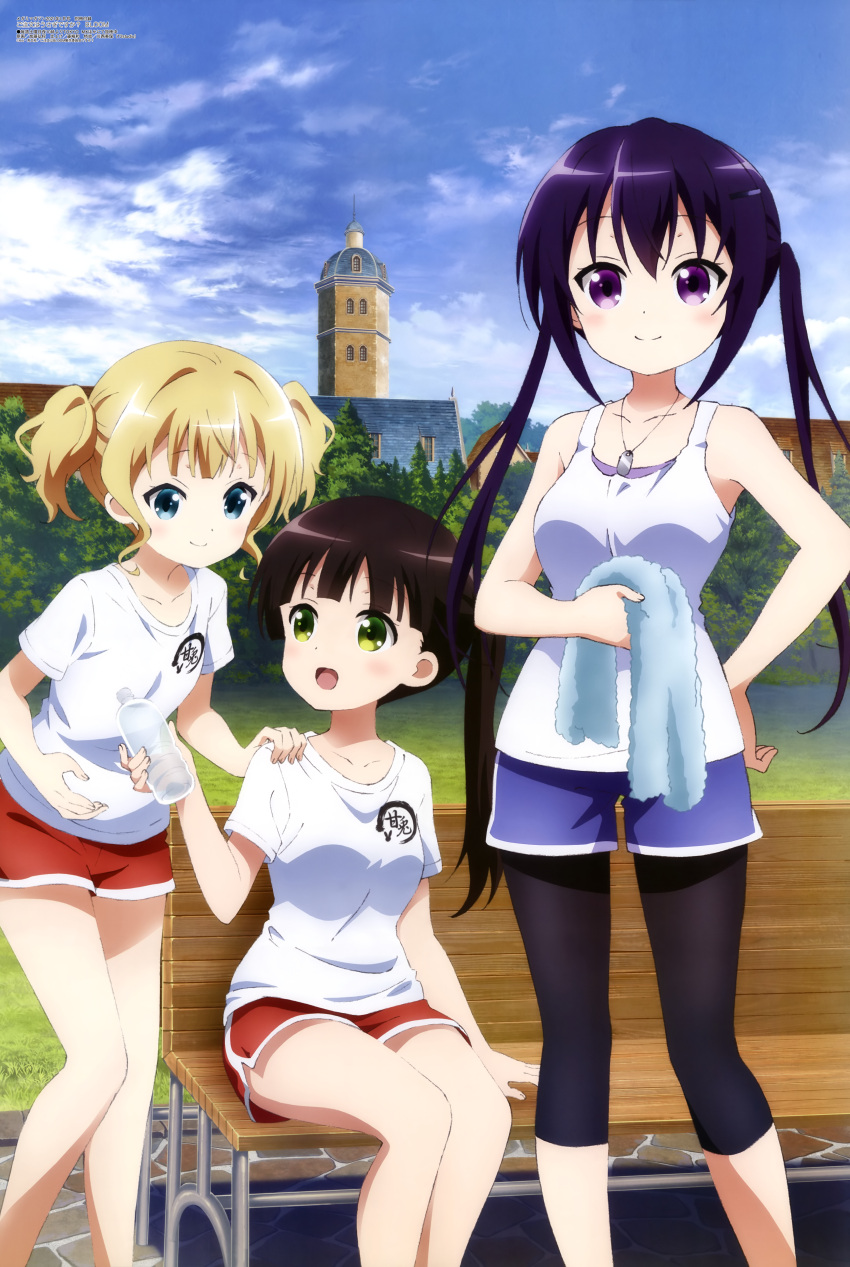 3girls :d absurdres bangs bare_arms bench blonde_hair blue_eyes blue_shorts blue_sky blunt_bangs brown_hair building closed_mouth clouds collarbone day dog_tags feet_out_of_frame gochuumon_wa_usagi_desu_ka? grass green_eyes gym_uniform hand_on_another's_shoulder hand_on_hip highres holding holding_towel kirima_sharo leggings long_hair looking_at_another looking_at_viewer megami_magazine multiple_girls official_art open_mouth outdoors park_bench purple_hair red_shorts shirt short_hair short_shorts shorts sitting sky smile standing tank_top tedeza_rize towel tree twintails ujimatsu_chiya violet_eyes white_shirt window