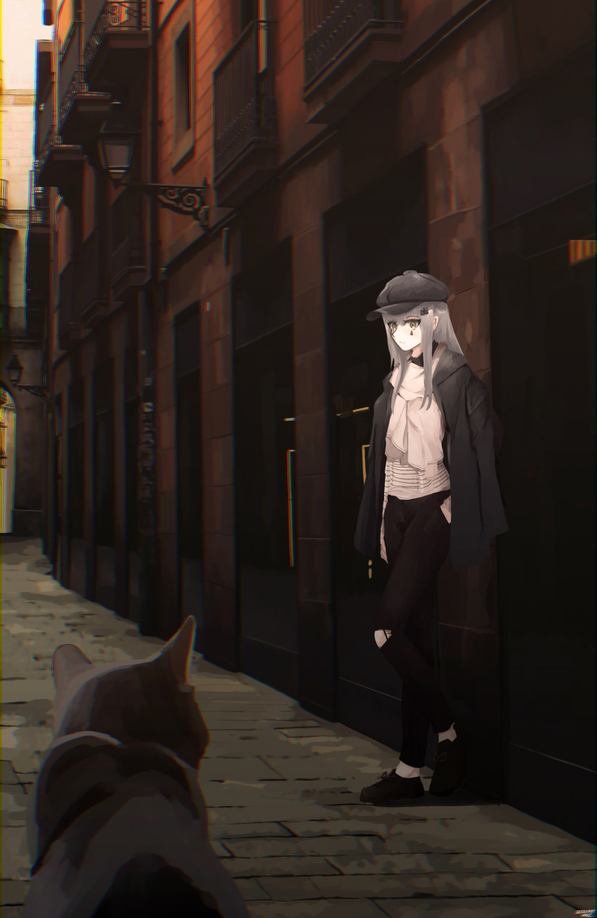 1girl absurdres bangs black_cat black_footwear black_headwear black_jacket black_pants blunt_bangs cat city english_commentary expressionless eyebrows_visible_through_hair facial_mark girls_frontline green_eyes grey_hair hair_ornament hand_in_pocket hat highres hk416_(girls_frontline) jacket kanoe_(kanoe502) leaning_back long_hair open_clothes open_jacket outdoors pants silver_hair teardrop
