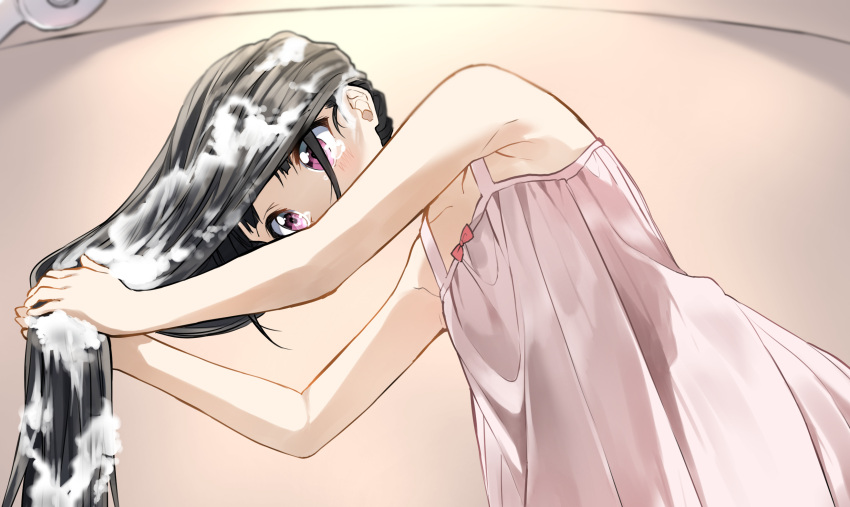 1girl bare_arms bare_shoulders black_hair blush commentary_request covered_mouth dress from_below highres long_hair looking_away original pentagon_(railgun_ky1206) pink_dress sleeveless sleeveless_dress soap_bubbles solo standing very_long_hair violet_eyes washing_hair