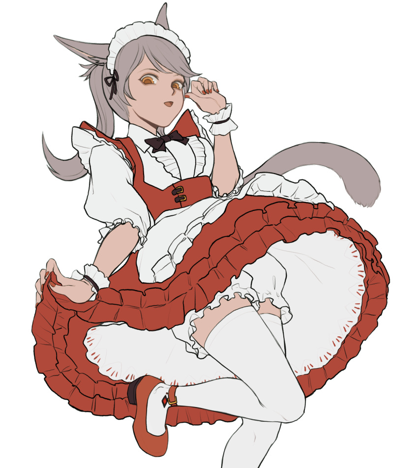 1girl :d absurdres animal_ears apron bangs black_bow black_ribbon bow cat_ears cat_girl cat_tail center_frills dress dress_lift final_fantasy final_fantasy_xiv fingernails flat_color frills hand_up highres leg_up lifted_by_self long_hair maid maid_apron maid_headdress miqo'te nail_polish open_mouth orange_eyes puffy_sleeves red_dress red_footwear red_nails ribbon shoes silver_hair simple_background sleeves_past_elbows smile solo swept_bangs tail thigh-highs twintails waist_apron white_apron white_background white_bloomers white_legwear yoshikyuu zettai_ryouiki