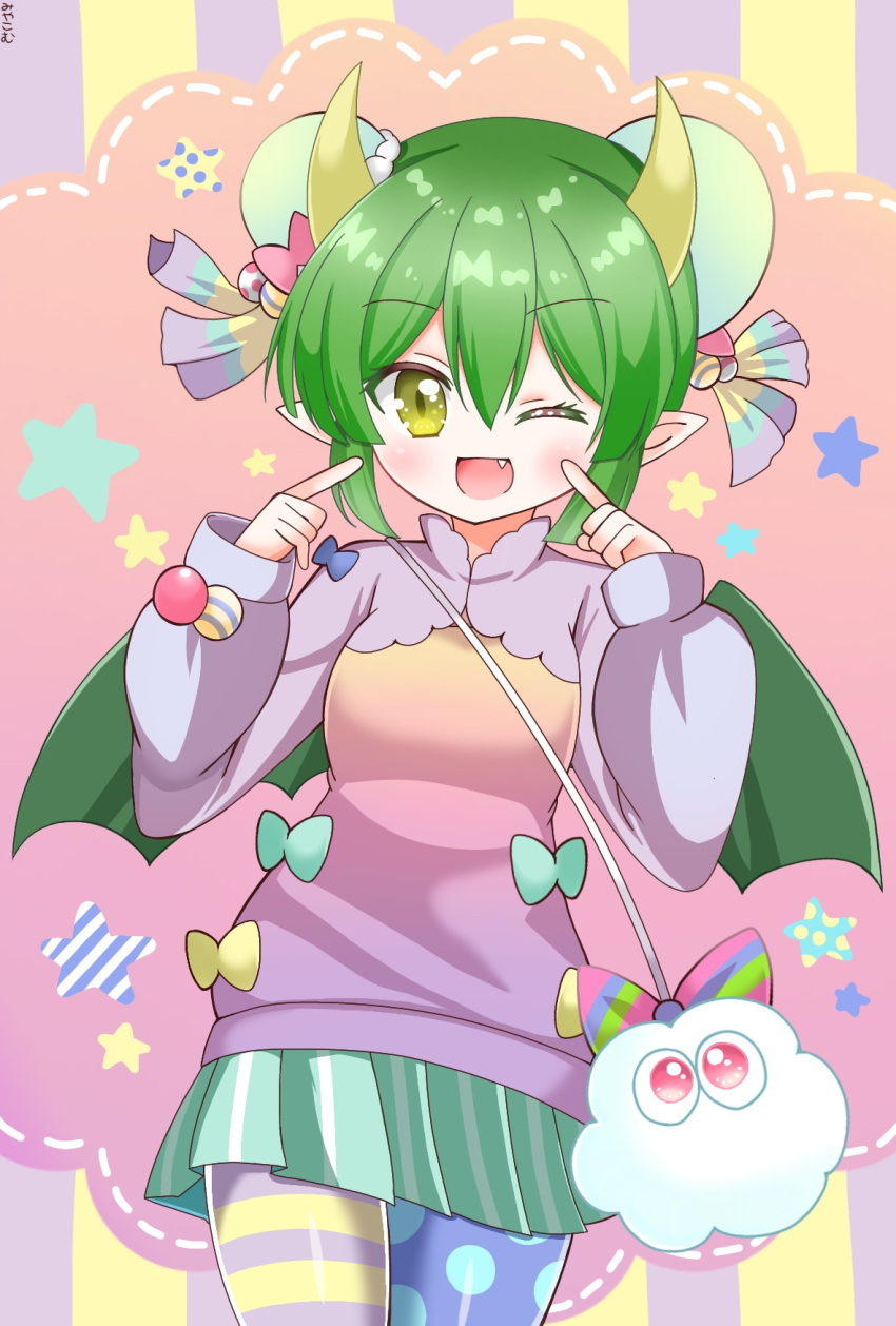 1girl ;d artist_name bag bun_cover double_bun draco_centauros dragon_girl dragon_horns dragon_wings eyebrows_visible_through_hair fang green_hair highres horns looking_at_viewer mismatched_legwear miyakomu official_alternate_costume one_eye_closed open_mouth pleated_skirt pointing pointing_at_self pointy_ears polka_dot polka_dot_legwear puyopuyo puyopuyo_quest short_hair skirt sleeves_past_wrists smile solo striped striped_legwear wings yellow_eyes