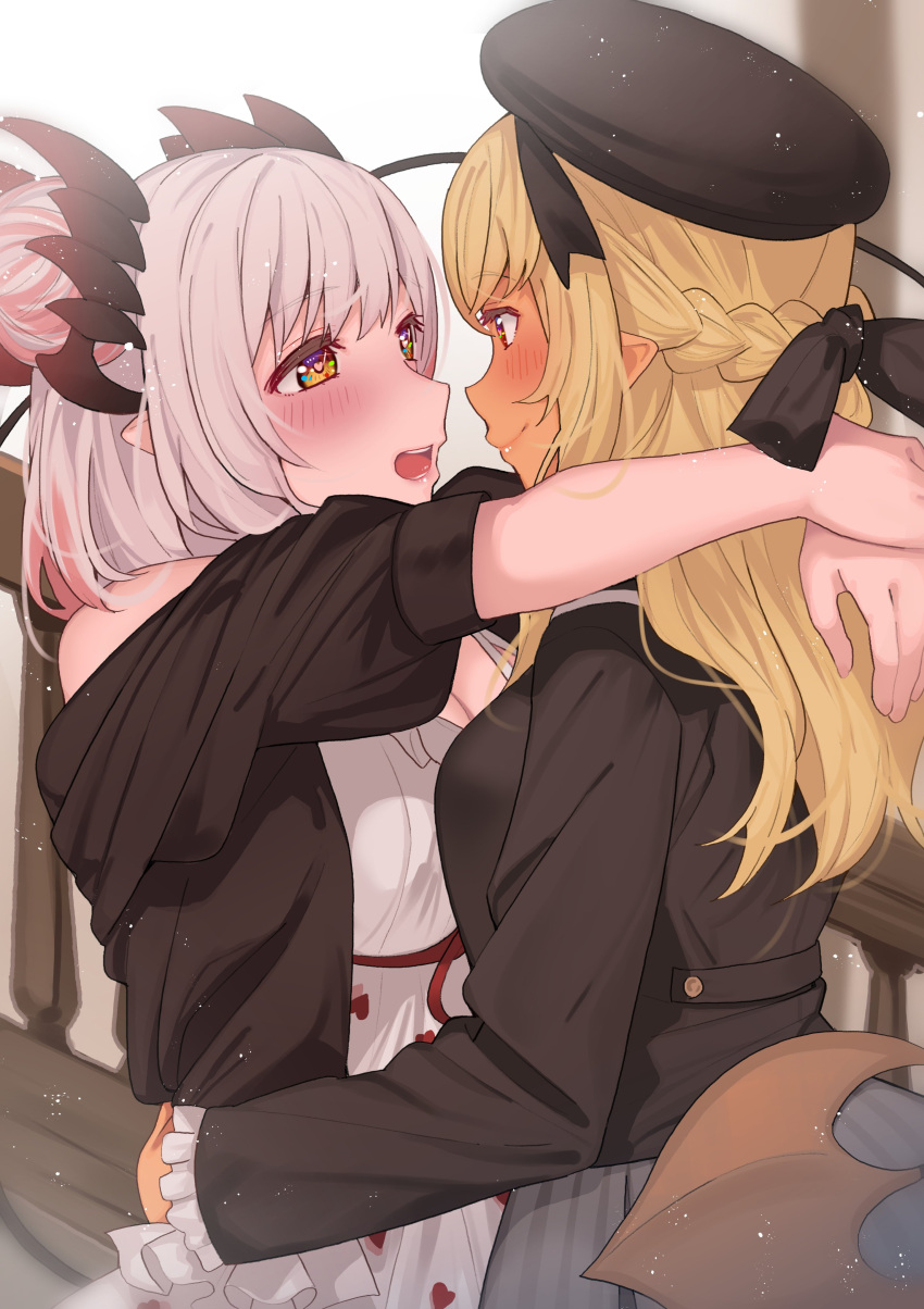 2girls absurdres bangs beret black_headwear black_jacket blonde_hair blush braid dark_elf dark_skin dark-skinned_female demon_girl demon_horns demon_tail dress elf french_braid hat heart heart-shaped_pupils highres hololive honey_strap horns hug jacket long_hair long_sleeves looking_at_viewer multicolored_hair multiple_girls open_clothes open_jacket open_mouth pink_hair pointy_ears red_eyes shiranui_flare short_hair smile suou_patra symbol-shaped_pupils tail tonarikeru two-tone_hair virtual_youtuber white_dress white_hair yuri