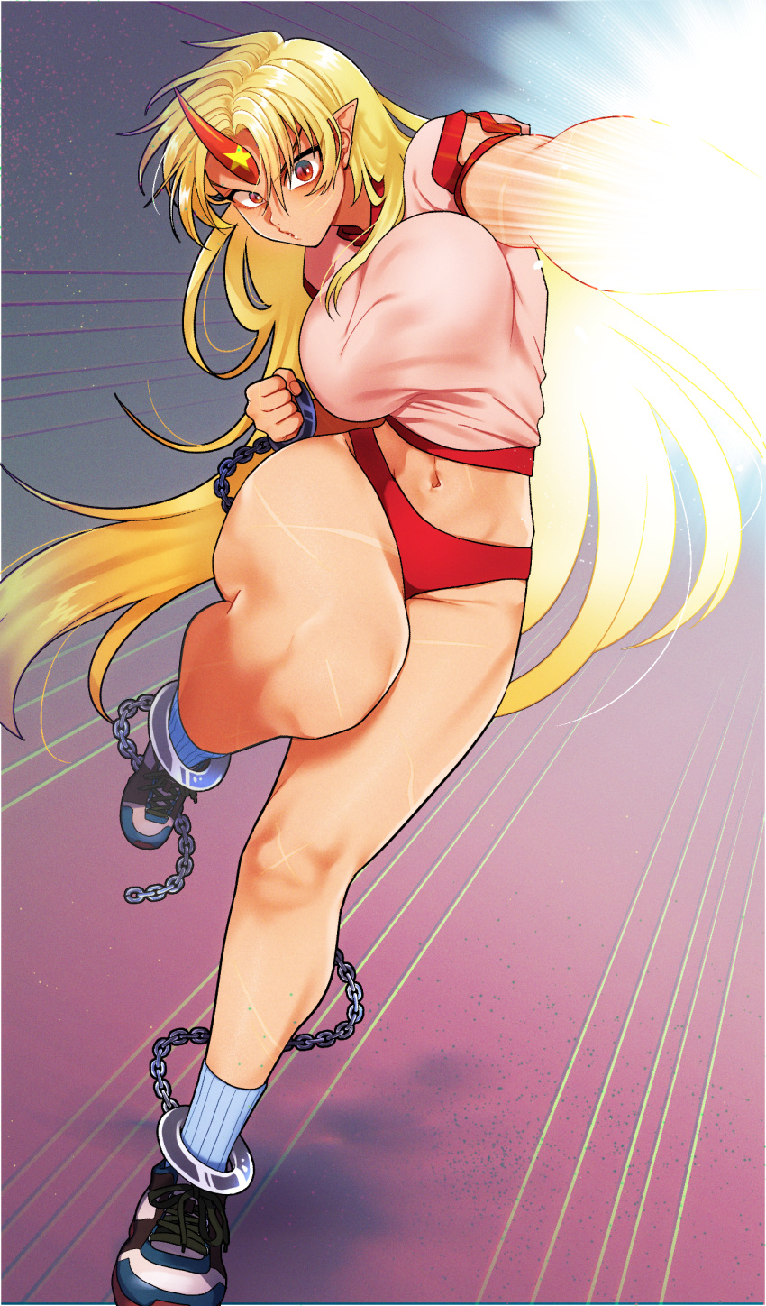 1girl alternate_costume blonde_hair blue_background blue_footwear blue_legwear bouncing_breasts breasts buruma calf_socks chain clenched_hand commentary_request cuffs emphasis_lines fighting_stance glowing glowing_hand gradient gradient_background groin highres horns hoshiguma_yuugi large_breasts long_hair looking_at_viewer mito_(mo96g) navel parted_lips pink_shirt pointy_ears punching purple_background red_eyes scar scar_on_face scar_on_leg shackles shirt shoes short_sleeves single_horn slit_pupils sneakers solo standing standing_on_one_leg touhou very_long_hair