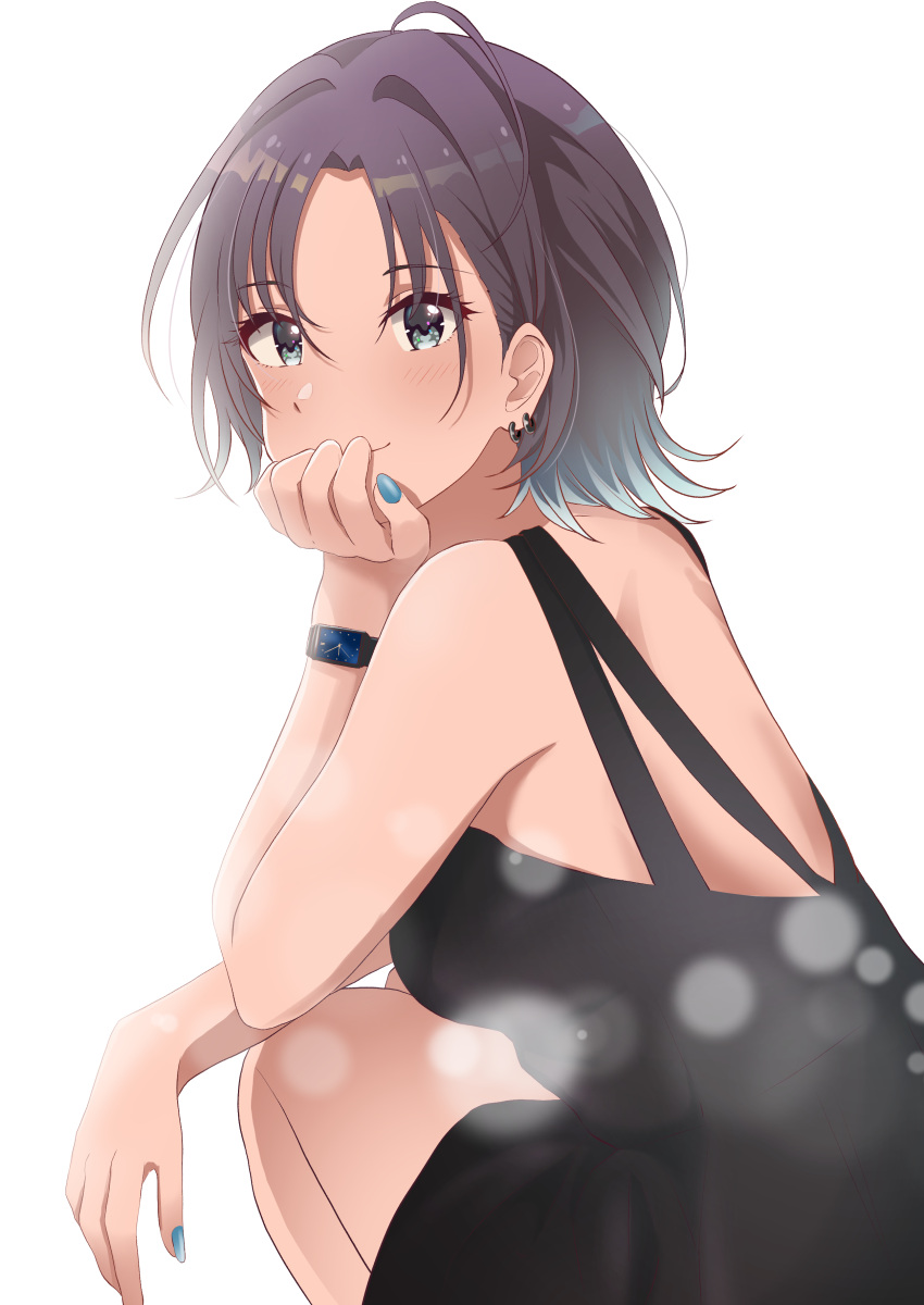 1girl absurdres antenna_hair arm_rest asakura_tooru bangs bare_back black_dress blue_eyes blush breasts dress ear_piercing eyebrows_visible_through_hair highres idolmaster idolmaster_shiny_colors light_particles looking_at_viewer looking_back medium_breasts multicolored_hair nail_polish parted_bangs piercing rrtp short_hair simple_background sleeveless sleeveless_dress smile solo squatting two-tone_hair watch white_background