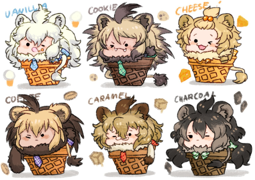 &gt;_o 6+girls ;3 ahoge animal_ears bangs barbary_lion_(kemono_friends) big_hair black_hair blonde_hair blush_stickers brown_hair cape_lion_(kemono_friends) cat_girl chibi commentary english_commentary english_text fangs fangs_out food food_on_face forehead fur_collar fur_scarf grey_hair hair_between_eyes ice_cream_cone kelalapa kemono_friends light_brown_hair lion_(kemono_friends) lion_ears lion_girl lion_tail long_hair looking_at_viewer masai_lion_(kemono_friends) multicolored_hair multiple_girls necktie one_eye_closed scarf smile tail tan transvaal_lion_(kemono_friends) two-tone_hair waffle_cone white_hair white_lion_(kemono_friends)