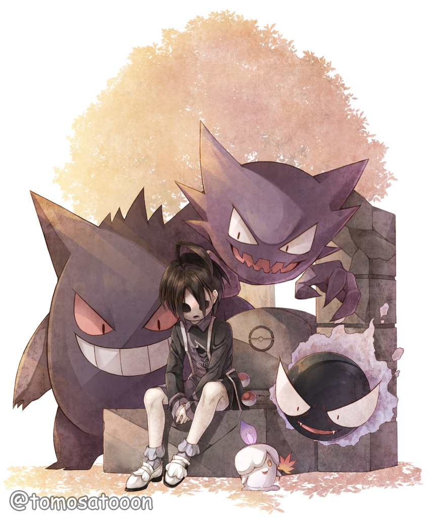 1boy ahoge allister_(pokemon) autumn_leaves black_hair collared_shirt commentary_request gastly gen_1_pokemon gen_5_pokemon gengar gym_leader haunter highres litwick long_sleeves looking_down male_focus mask poke_ball poke_ball_(basic) pokemon pokemon_(creature) pokemon_(game) pokemon_swsh shirt shoes short_hair shorts sitting suspender_shorts suspenders tomosatooon white_footwear