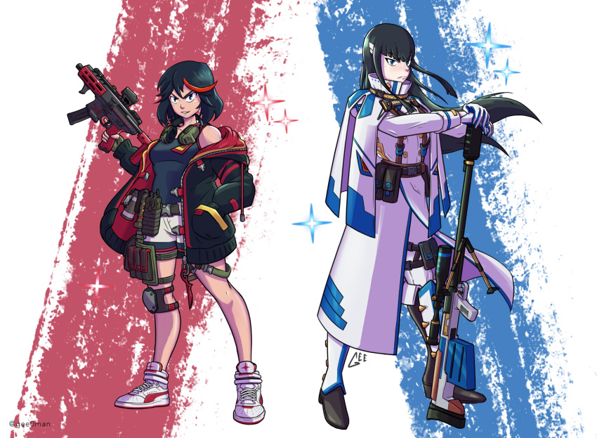2girls adapted_costume bangs black_hair black_jacket blue_eyes blunt_bangs breasts capelet commission english_commentary eyebrows_visible_through_hair frown gun hand_in_pocket highres holding holding_gun holding_weapon jacket junketsu kill_la_kill kiryuuin_satsuki long_hair looking_ahead looking_at_viewer matoi_ryuuko multicolored_hair multiple_girls off-shoulder_jacket parted_lips peyton_gee puma_(brand) redhead rifle senketsu shoes short_hair small_breasts sneakers sniper_rifle streaked_hair submachine_gun weapon white_capelet