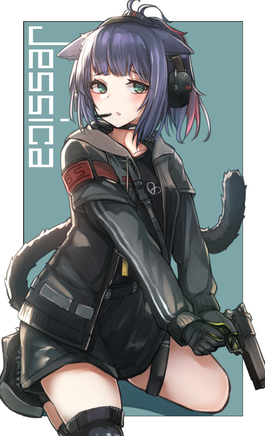 1girl absurdres animal_ears arknights bangs blue_hair cat_ears cat_girl cat_tail character_name gloves green_eyes gun handgun headset highres jacket jessica_(arknights) long_hair pistol ponytail shorts solo squatting tail tsyn weapon