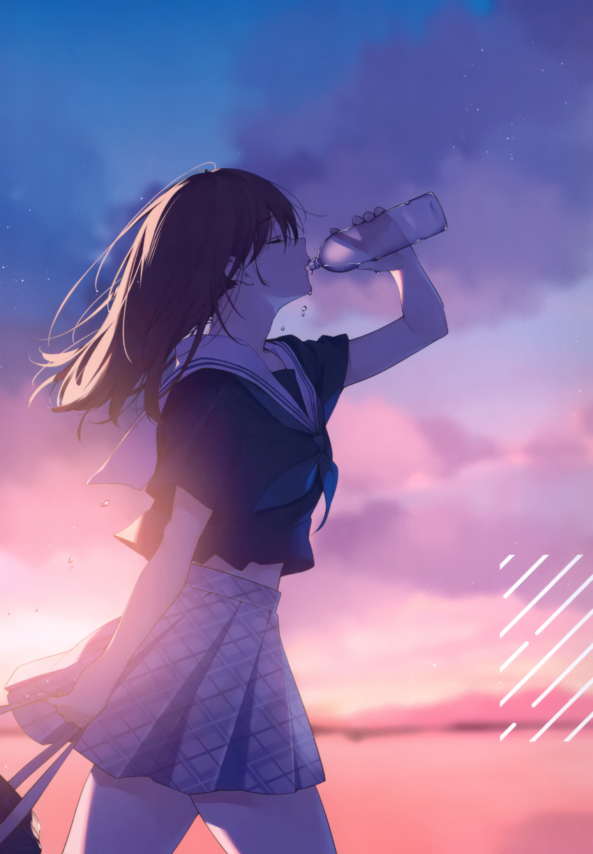 1girl absurdres bag blurry blurry_background bottle brown_hair closed_mouth clouds cloudy_sky drinking highres holding long_hair necomi night night_sky original outdoors pleated_skirt sailor_collar scan school_bag school_uniform serafuku short_sleeves skirt sky solo star_(sky) starry_sky sunset water_bottle