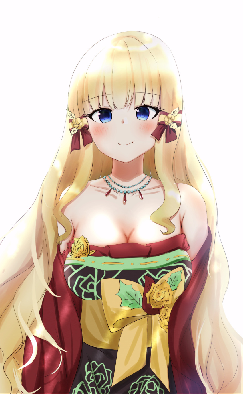 1girl bangs black_bow blonde_hair blue_eyes blush bow breasts elf eyebrows_visible_through_hair hair_bow hair_ornament highres large_breasts long_hair looking_at_viewer pointy_ears princess_connect! princess_connect!_re:dive rere: saren_(princess_connect!) smile solo