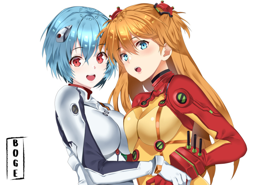 2girls abiboge absurdres albino ayanami_rei blue_eyes blue_hair blush breasts hair_between_eyes highres interface_headset large_breasts long_hair looking_at_viewer multicolored multicolored_eyes multiple_girls neon_genesis_evangelion plugsuit rebuild_of_evangelion red_eyes round_teeth short_hair smile souryuu_asuka_langley teeth test_plugsuit upper_body white_background