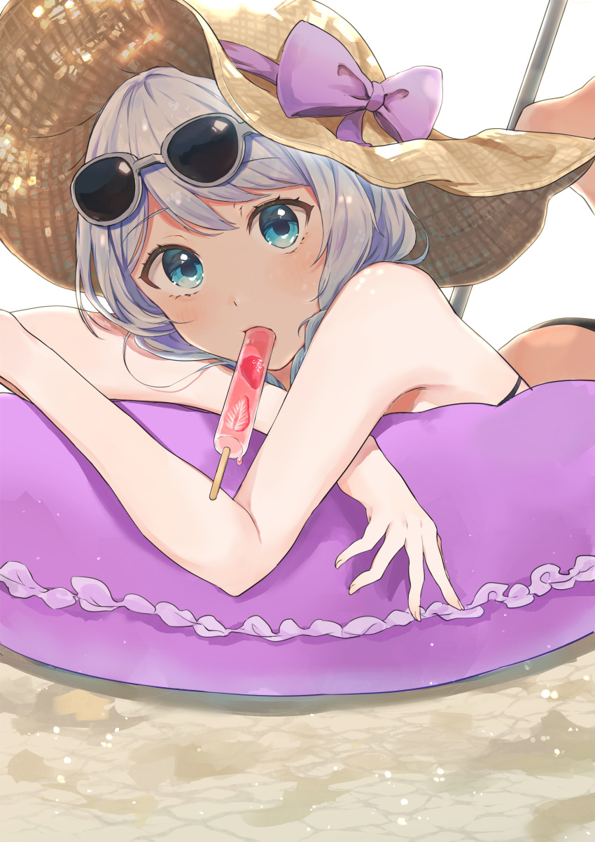 1girl absurdres bang_dream! bangs bare_arms bare_shoulders barefoot bikini black_bikini blue_eyes bow eyebrows_visible_through_hair eyewear_on_head fingernails food food_in_mouth fruit grey-framed_eyewear hamatsuka_nao hat hat_bow highres innertube leg_up light_blush light_particles long_hair looking_at_viewer lying mouth_hold on_stomach popsicle purple_bow shade silver_hair solo straw_hat strawberry sun_hat sunglasses swimsuit upper_body wakamiya_eve white_background