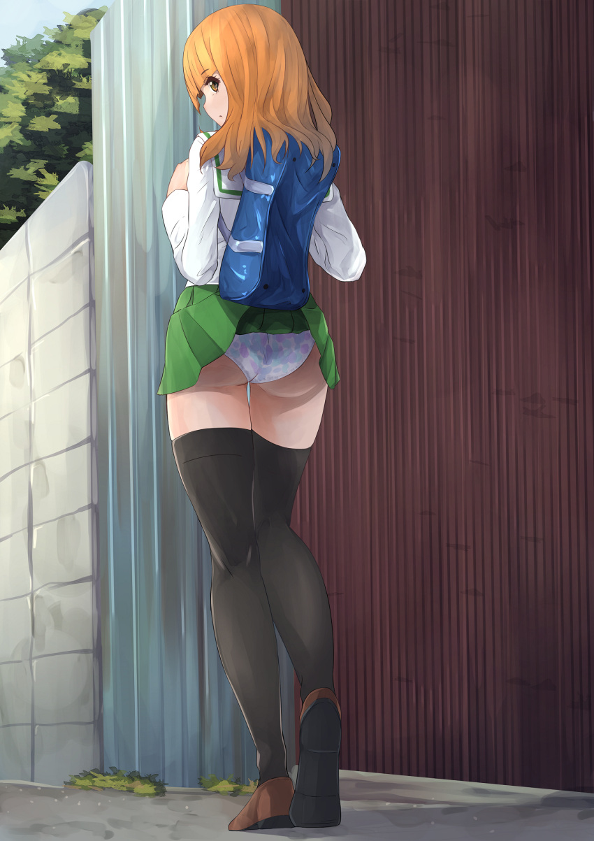 1girl ass bangs black_legwear blouse blunt_bangs breasts from_behind girls_und_panzer green_skirt highres kakimoto_nao loafers long_hair long_sleeves looking_at_viewer looking_back ooarai_school_uniform orange_eyes orange_hair outdoors panties pantyshot pleated_skirt school_uniform serafuku shoes skirt solo standing symbol_commentary takebe_saori thigh-highs underwear uniform upskirt white_blouse white_panties