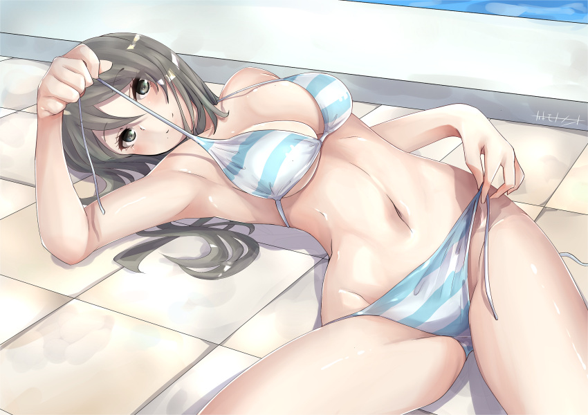 1girl artist_name bangs bikini blue_bikini breasts brown_eyes brown_hair closed_mouth commentary eyebrows_visible_through_hair girls_und_panzer groin highres kakimoto_nao long_hair looking_at_viewer lying medium_breasts mika_(girls_und_panzer) navel no_hat no_headwear on_back side-tie_bikini signature smile solo striped striped_bikini swimsuit thighs tile_floor tiles untied untied_bikini untying