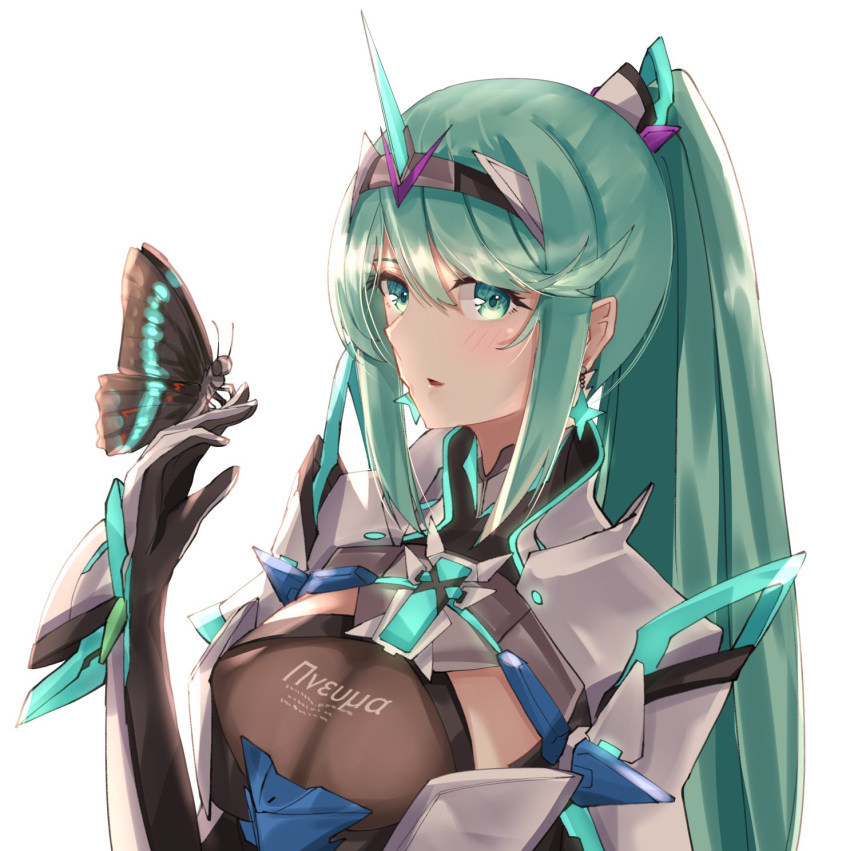 1girl bangs breasts bug butterfly butterfly_on_hand chest_jewel earrings gloves green_eyes green_hair highres insect jewelry large_breasts long_hair long_ponytail pneuma_(xenoblade) ponytail sarasadou_dan solo swept_bangs tiara upper_body xenoblade_chronicles_(series) xenoblade_chronicles_2