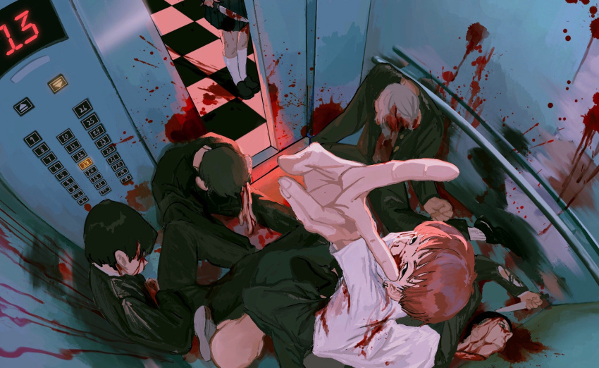 1girl 6+boys arm_up black_eyes black_footwear black_hair bleeding blood blood_on_face blood_splatter bloody_clothes bloody_knife bloody_weapon brown_hair checkered checkered_floor congming33 death elevator fingernails grey_hair highres holding holding_knife holding_weapon indoors knife mask mouth_mask multiple_boys number orange_hair original skirt smeared_blood socks v weapon white_legwear