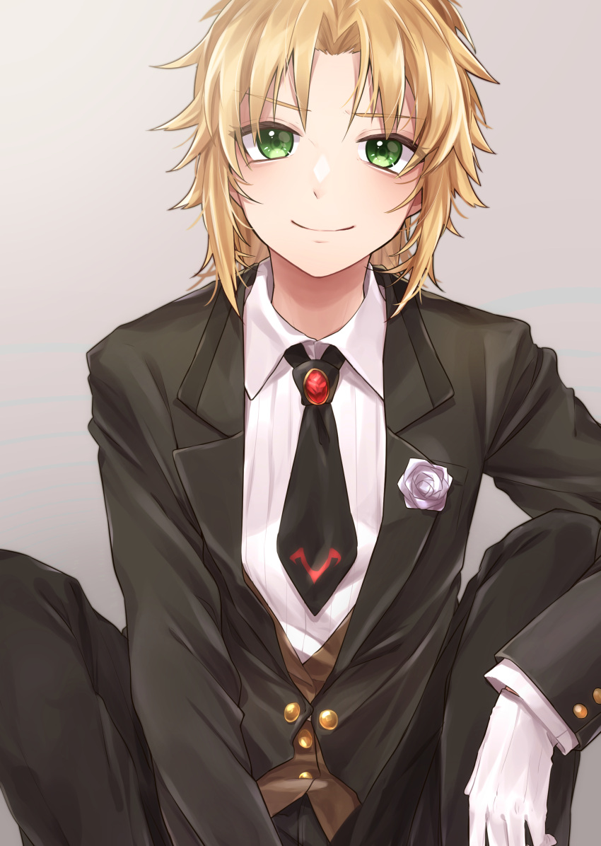 1girl absurdres alternate_costume blonde_hair fate/grand_order fate_(series) formal gloves green_eyes grey_background heroic_spirit_formal_dress highres looking_at_viewer mordred_(fate) mordred_(fate)_(all) necktie smile solo soramame_pikuto suit white_gloves