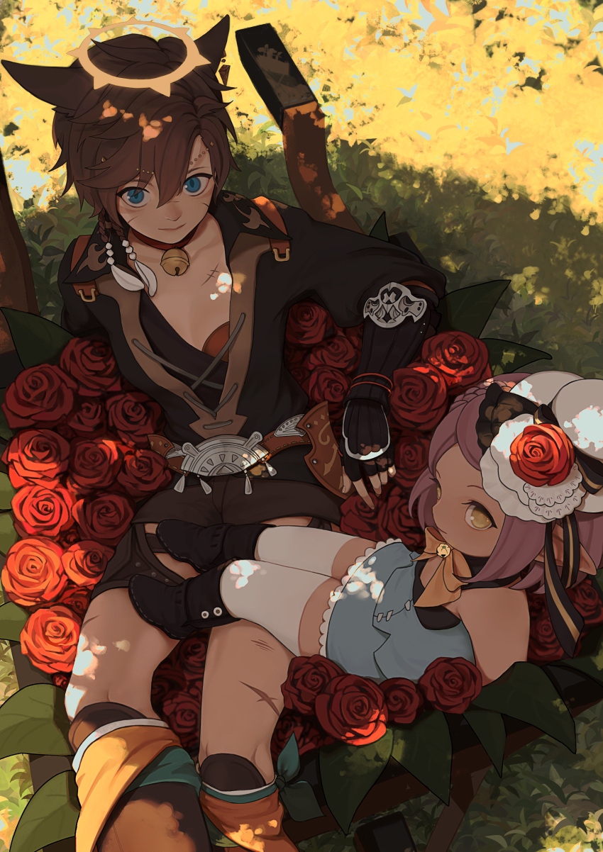 2girls absurdres animal_ears beads bell bell_choker black_footwear black_gloves blue_eyes blue_skirt boots bow braid brown_hair brown_shorts cat_ears choker closed_mouth detached_collar eyebrows_visible_through_hair eyes_visible_through_hair facial_mark feathers final_fantasy final_fantasy_xiv fingerless_gloves flower gloves grass hair_beads hair_between_eyes hair_feathers hair_ornament halo hat hat_flower highres jewelry jingle_bell lalafell leaf looking_at_viewer mini_hat mini_top_hat miniskirt miqo'te multiple_girls orange_bow pink_hair pointy_ears red_choker red_flower red_rose rose scar scar_on_cheek scar_on_chest scar_on_face scar_on_leg scar_on_nose short_hair shorts single_earring skirt smile thigh-highs top_hat wheelbarrow white_feathers white_headwear white_legwear yellow_eyes yoshikyuu zettai_ryouiki
