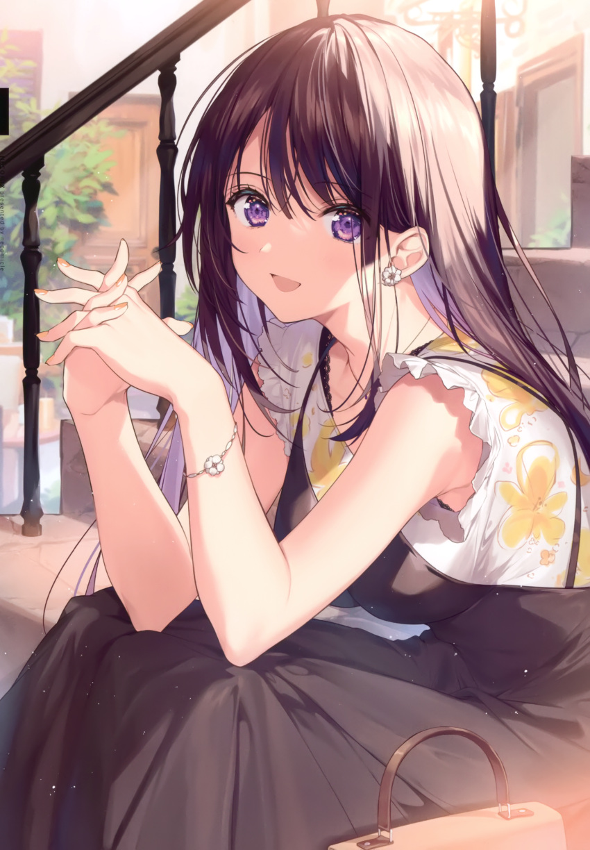 1girl absurdres bangs blush bracelet breasts brown_hair dress eyebrows_visible_through_hair fingernails floral_print highres interlocked_fingers jewelry looking_at_viewer medium_breasts necomi open_mouth original scan shiny shiny_hair short_sleeves sitting solo stairs violet_eyes