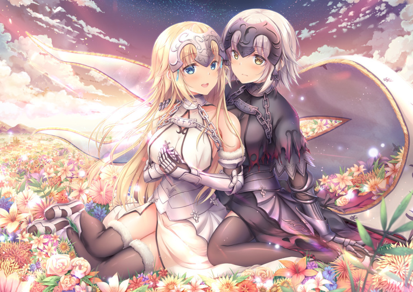 2girls :d armor armored_dress black_dress black_legwear blonde_hair blue_eyes blue_flower blush breasts brown_eyes chain closed_mouth clouds commentary_request dress fate/grand_order fate_(series) field flower flower_field fur-trimmed_legwear fur_trim gauntlets hands_up headpiece jeanne_d'arc_(alter)_(fate) jeanne_d'arc_(fate) jeanne_d'arc_(fate)_(all) large_breasts long_hair multiple_girls open_mouth outdoors photoshop_(medium) red_flower revision rose shirakawako short_hair silver_hair sitting sky smile thigh-highs very_long_hair wariza white_dress white_flower white_rose yellow_flower yokozuwari