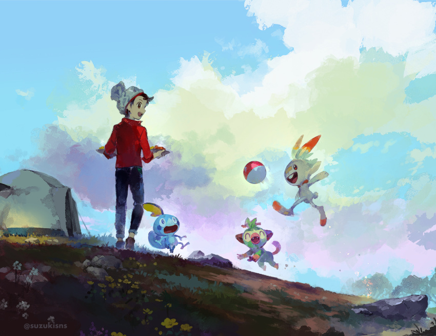 1boy artist_name beanie cable_knit clouds commentary_request day gen_8_pokemon grey_headwear grookey hat highres holding male_focus open_mouth outdoors pants pokemon pokemon_(creature) pokemon_(game) pokemon_swsh red_shirt scorbunny shirt shoes sky sleeves_rolled_up smile sobble standing starter_pokemon_trio suzukiiori tent victor_(pokemon) watermark