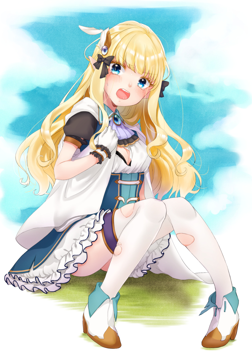 1girl absurdres bangs black_bow blonde_hair blue_eyes blush bow breasts capelet cloak elf eyebrows_visible_through_hair hair_bow hair_ornament highres large_breasts long_hair looking_at_viewer open_mouth pointy_ears princess_connect! princess_connect!_re:dive sagitaniyuu saren_(princess_connect!) solo white_legwear