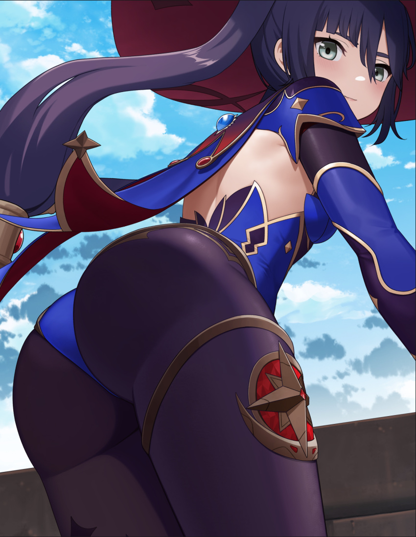 1girl armor ass bangs blue_leotard blush breasts closed_mouth clouds cloudy_sky day from_behind genshin_impact green_eyes hair_between_eyes hat highres leaning_forward leotard long_sleeves looking_at_viewer looking_back mona_(genshin_impact) outdoors pantyhose purple_hair purple_legwear red_headwear sakamotono shoulder_armor sky small_breasts smile solo thighlet twintails
