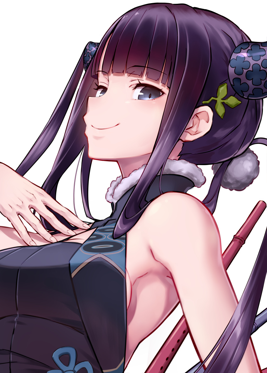 1girl absurdres bangs blue_eyes blunt_bangs breasts closed_mouth eyebrows_visible_through_hair fate/grand_order fate_(series) fingernails hair_ornament highres huge_filesize long_hair looking_at_viewer purple_hair simple_background smile solo takahan twintails upper_body white_background yang_guifei_(fate/grand_order)