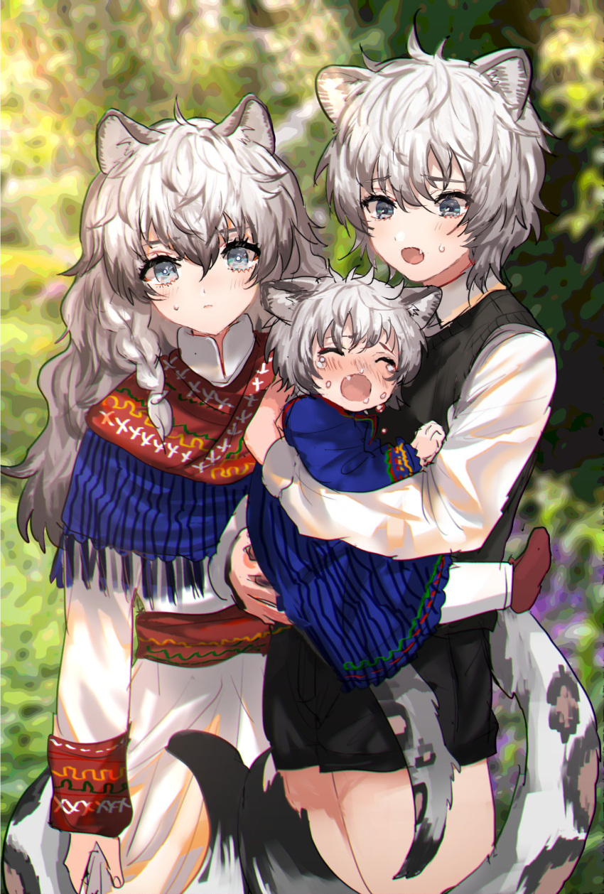 1boy 2girls absurdres animal_ears arknights baby black_shorts braid brother_and_sister capelet cliffheart_(arknights) closed_eyes cowboy_shot crying dress grey_eyes grey_hair highres leopard_ears leopard_tail long_hair long_sleeves looking_at_viewer multiple_girls open_mouth outdoors pramanix_(arknights) shirt short_hair shorts siblings silverash_(arknights) sisters standing tail tears white_dress white_shirt yavalley younger