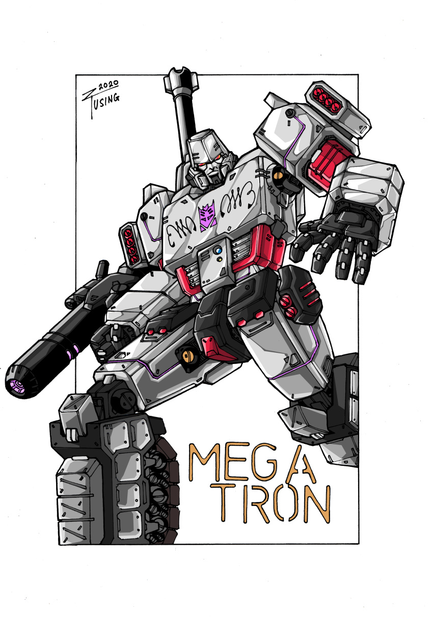 1boy absurdres arm_cannon border character_name clenched_hand decepticon english_commentary highres insignia lextodrawstuff looking_at_viewer megatron megatron_(idw) no_humans open_hand red_eyes solo the_transformers_(idw) transformers weapon white_background