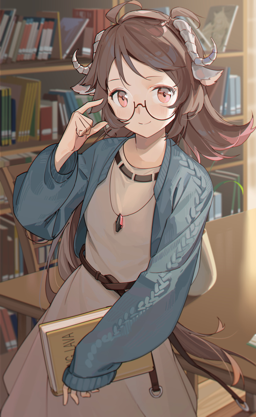 1girl absurdres adjusting_eyewear ahoge animal_ears arknights bangs belt black-framed_eyewear blue_cardigan book bookshelf brown_dress brown_hair cardigan casual chair chinese_commentary chromatic_aberration curled_horns dress eyjafjalla_(arknights) highres holding holding_book horns indoors jewelry long_hair long_sleeves looking_at_viewer necklace open_cardigan open_clothes pendant plant red_eyes semi-rimless_eyewear sheep_horns sleeves_past_wrists smile solo table under-rim_eyewear vase very_long_hair zhili_xingzou