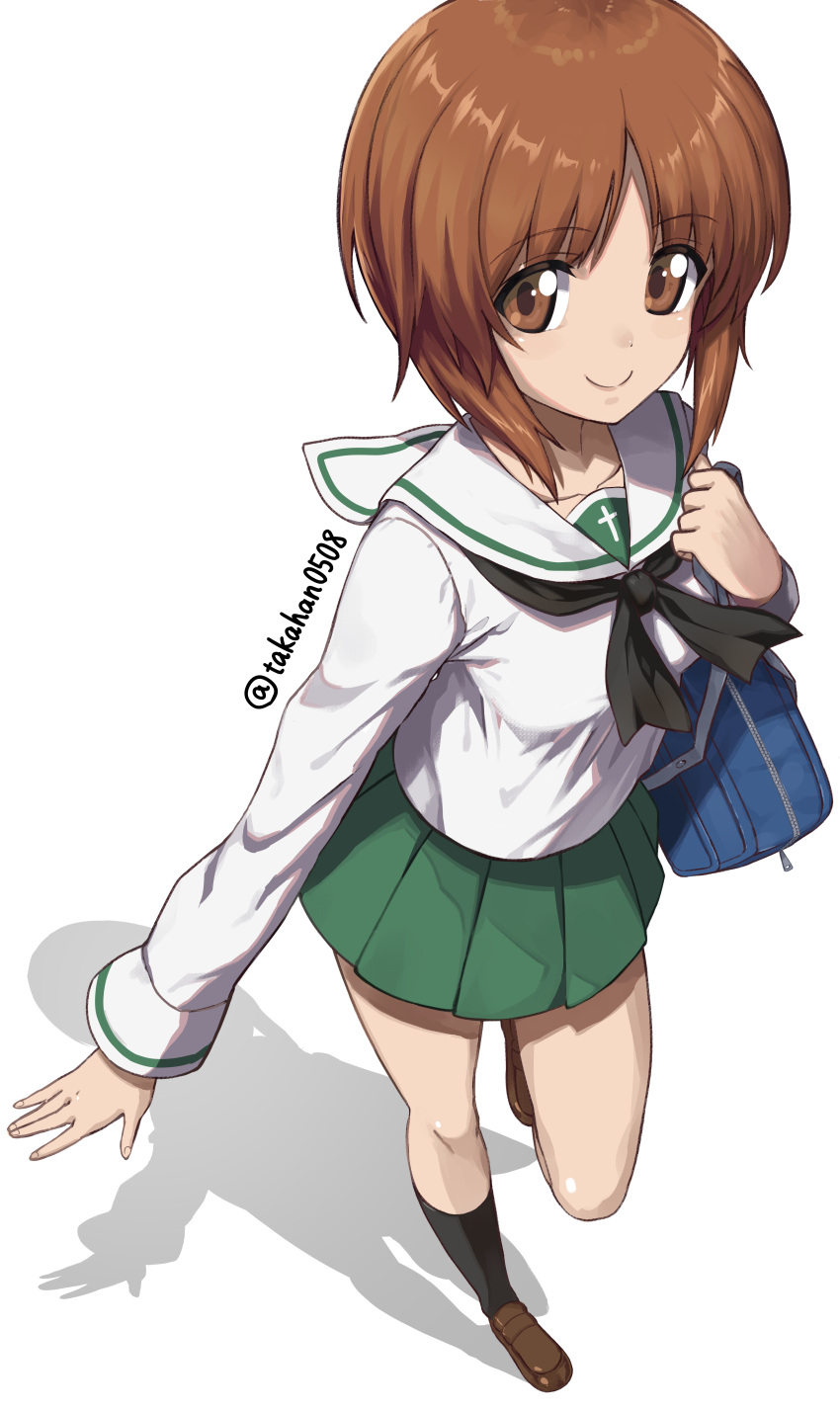 1girl absurdres bag bangs black_neckwear brown_eyes brown_footwear brown_hair closed_mouth commentary_request eyebrows_visible_through_hair full_body girls_und_panzer green_skirt highres long_sleeves looking_at_viewer nishizumi_miho ooarai_school_uniform pleated_skirt school_uniform shoes short_hair simple_background skirt smile socks standing takahan twitter_username white_background