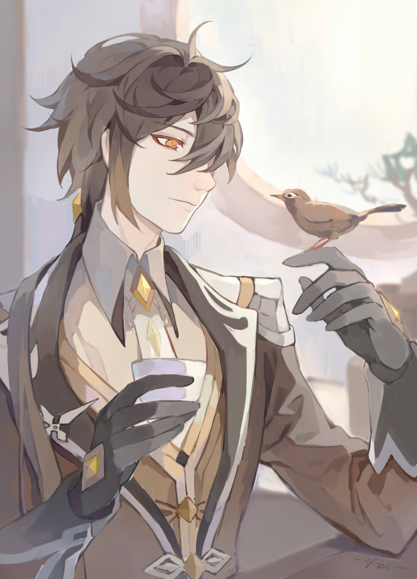 1boy absurdres bangs bird bird_on_hand black_gloves black_hair blurry blurry_background closed_mouth cup eyebrows_visible_through_hair formal genshin_impact gloves hair_between_eyes highres holding holding_cup jacket jewelry lhfei long_hair long_sleeves male_focus solo suit teacup tree window yellow_eyes zhongli_(genshin_impact)